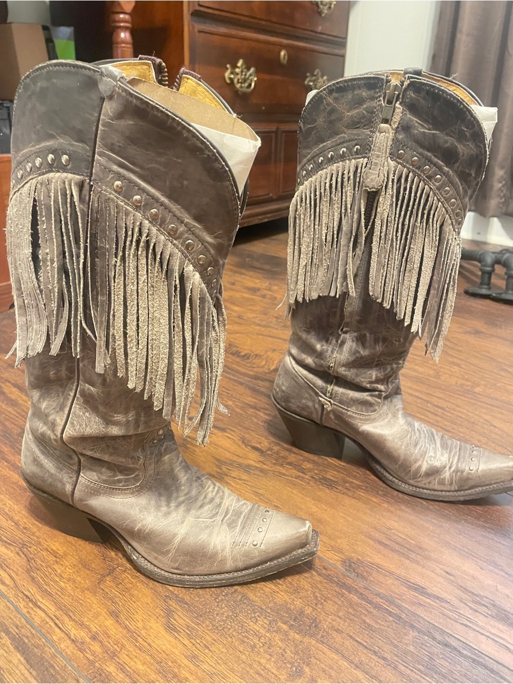 Tony Lama Taupe Fringe Western Heeled Boots